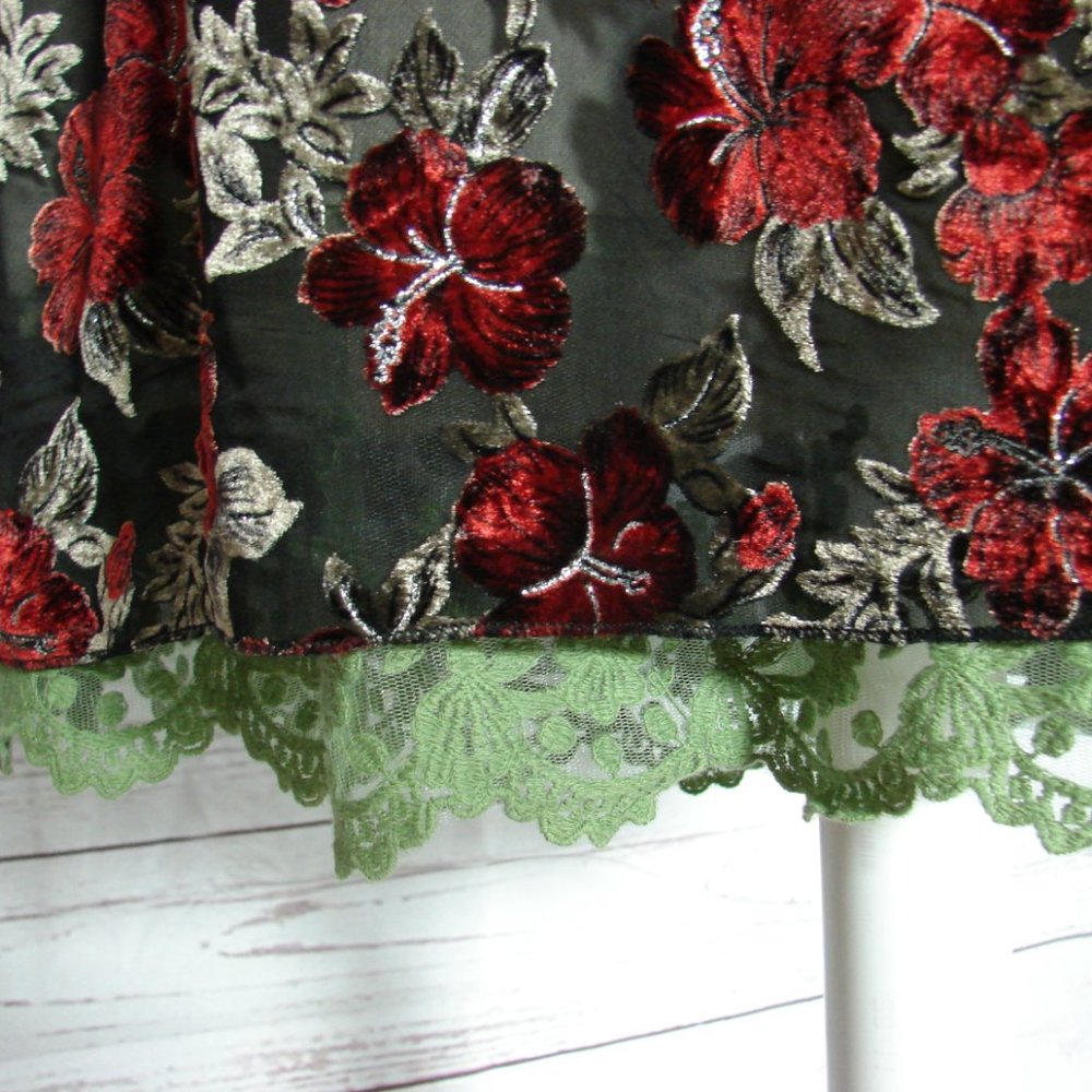 Floral Velvet Burn Out Burgundy Green Lace Dress L - Picture 11 of 16